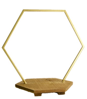 Hexagono Dorado con Base De Madera 28.5x17.5x27Hcm
